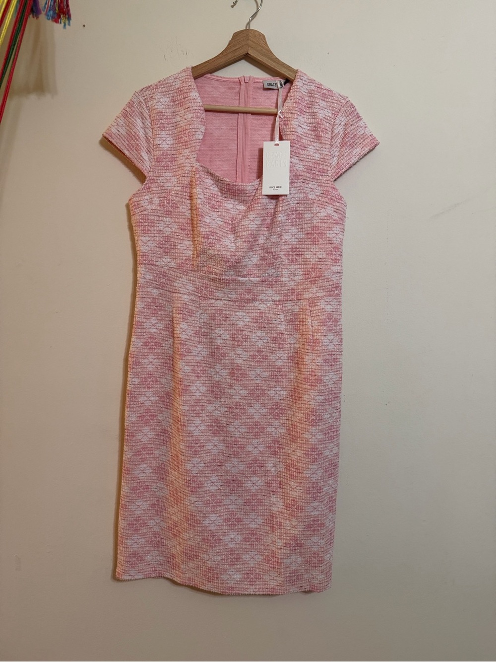 Grace Karin Pink and White Tweed Midi Sheath Dress